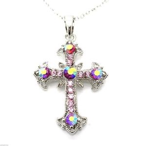 Pink AB 1" Cross Pendant Necklace Women 17"